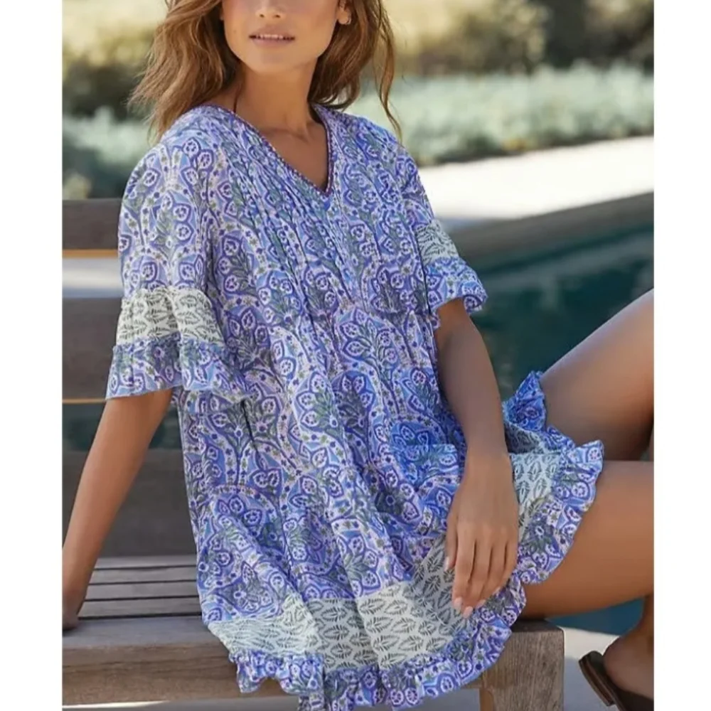 Anthropologie Duet Frill Tiered Mini Dress Cover-Up Blue Multi Small - Picture 3 of 13